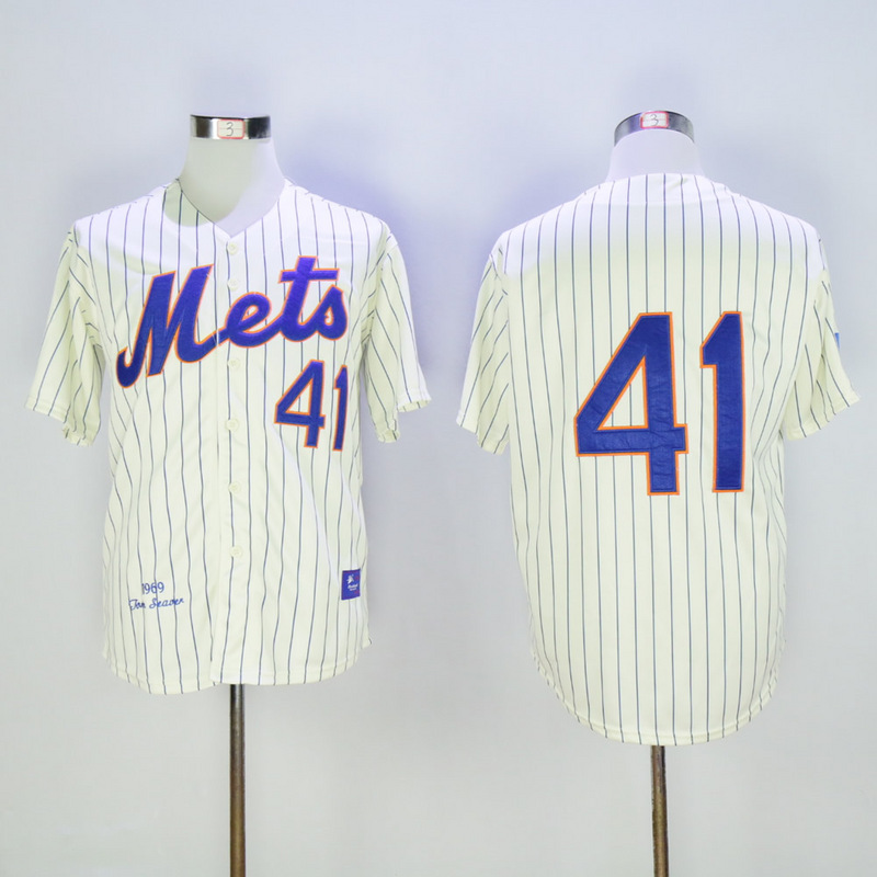 Men New York Mets 41 Seaver Cream Stripe Throwback MLB Jerseys